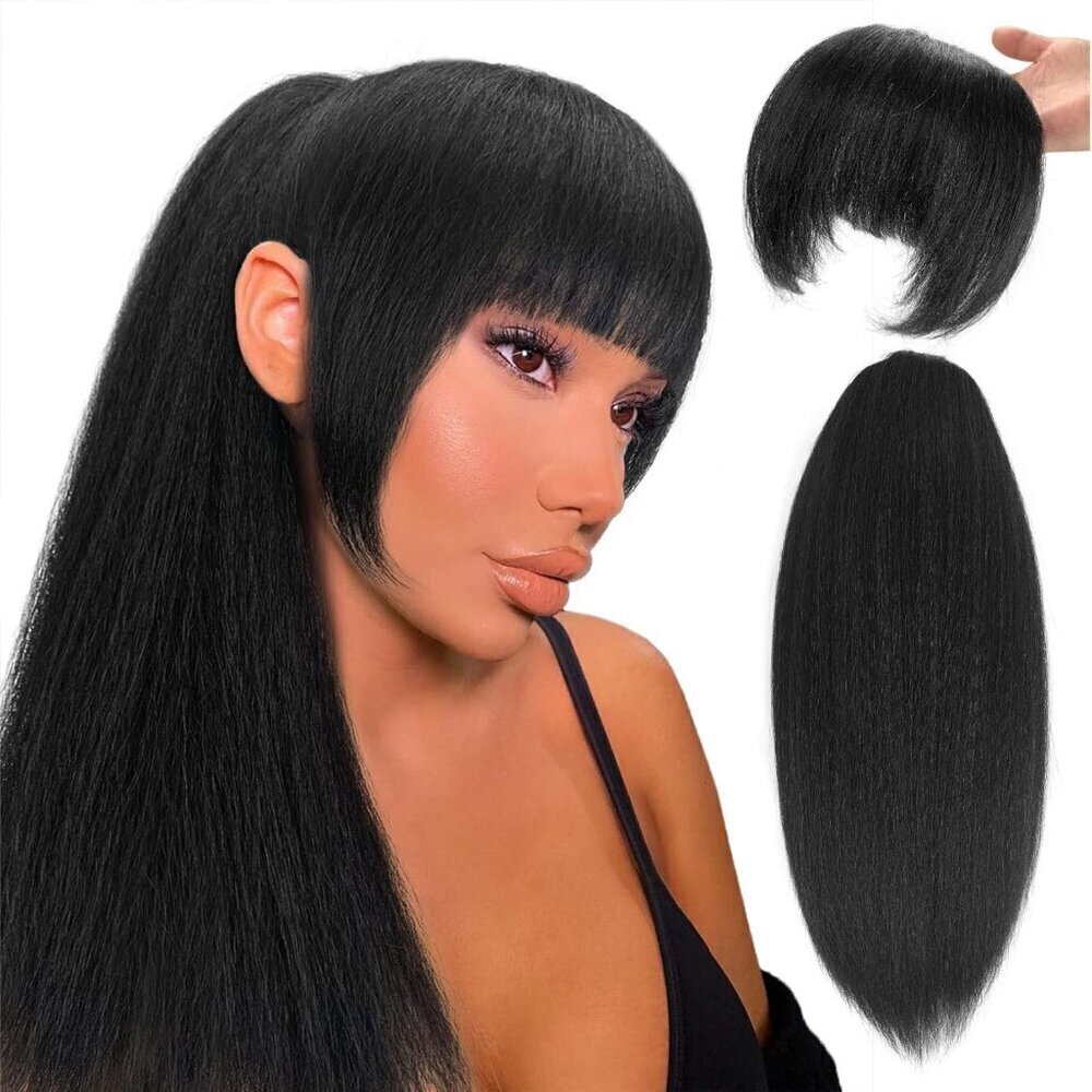 Long Yaki Straight Drawstring Ponytail with Bangs for Black Women Synthetic Thic